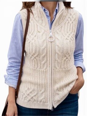 WHBM Ivory Cable Knit Full Zip Sweater Vest Small Fisherman